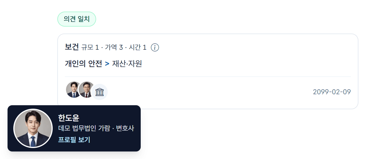 아바타에 마우스를 올리면 뜨는 작은 카드: 사진, 이름, 소속과 직역