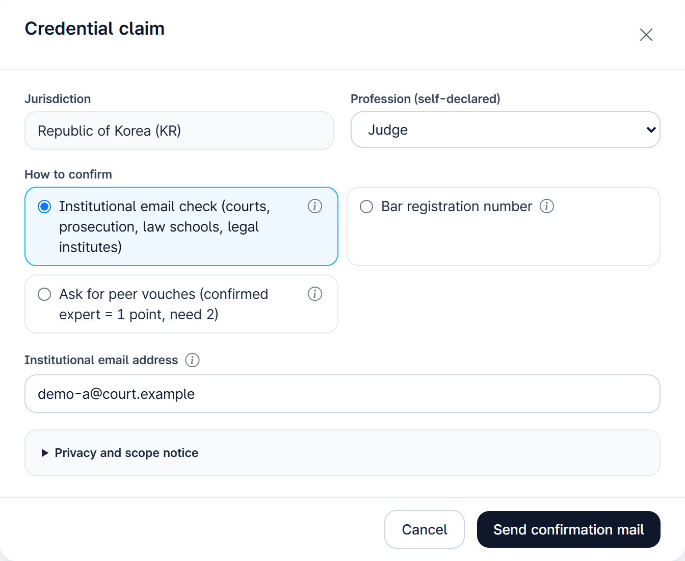 Credential claim window with jurisdiction, profession, method and institutional email fields